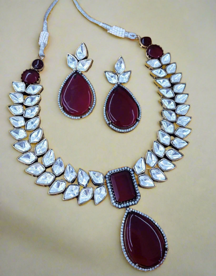 artificial  red stone necklace with matching earrings for women on occasion of diwali/ anniversary/ wedding
